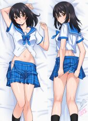 Rule 34 | 1girl, absurdres, bed sheet, black hair, black socks, blue bow, blue bowtie, blue sailor collar, blue skirt, blush, bow, bowtie, breasts, brown eyes, closed mouth, commentary request, commission, cowboy shot, cropped shirt, dakimakura (medium), dated, embarrassed, feet out of frame, from above, hair between eyes, highres, himeragi yukina, kneehighs, kneepits, long hair, looking at viewer, lying, medium breasts, multiple views, navel, on back, on stomach, panties, pantyshot, parted lips, pixiv commission, plaid, plaid skirt, pleated skirt, saikai academy school uniform, sailor collar, school uniform, shirt, short sleeves, signature, skirt, socks, strike the blood, striped clothes, striped panties, teeth, underwear, white shirt, yoo tenchi