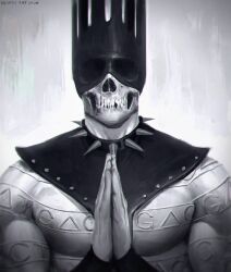 Rule 34 | 1other, collar, deimos art, facing viewer, grey background, greyscale, highres, jojo no kimyou na bouken, monochrome, non-web source, own hands together, praying, simple background, skull, solo, spiked collar, spikes, stand (jojo), stone ocean, upper body, whitesnake (stand)