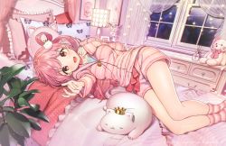 Rule 34 | 1girl, :d, absurdres, bad id, bad pixiv id, bed, cat hair ornament, crown, curtains, feet out of frame, hair ornament, highres, huge filesize, kamiya neco, lamp, long hair, long sleeves, looking at viewer, loungewear, mini crown, nckmch., official art, oli o o, open mouth, pillow, pink hair, pink socks, pink theme, plant, potted plant, smile, socks, solo, striped clothes, striped socks, stuffed animal, stuffed cat, stuffed toy, vase, virtual youtuber, watermark, window