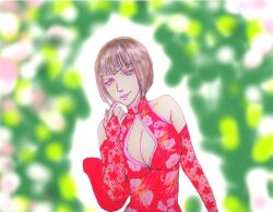 Rule 34 | 1girl, anna williams, breasts, bridal gauntlets, brown hair, cleavage, dress, large breasts, namco, red dress, solo, tekken