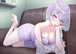 Rule 34 | 1girl, :p, absurdres, amane hina, aqua eyes, aqua hair, barefoot, breasts, camisole, commentary request, couch, earrings, elbow rest, feet up, gradient hair, grey hair, head rest, highres, indie virtual youtuber, indoors, jewelry, medium breasts, multicolored hair, purple camisole, purple eyes, purple hair, purple shorts, shirt, short hair, short shorts, shorts, single bare shoulder, spaghetti strap, strap slip, stud earrings, tatataecho, tongue, tongue out, virtual youtuber, white shirt