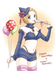 Rule 34 | 1girl, adventurer (ff11), balloon, bare shoulders, blonde hair, blue eyes, blue hat, blue shorts, blue sleeves, breasts, brooch, candy, cleavage, closed mouth, cowboy shot, detached sleeves, final fantasy, final fantasy xi, food, halloween, hand up, happy birthday, happy halloween, hat, hat ornament, hat ribbon, highleg, highleg panties, highres, holding, holding balloon, holding candy, holding food, holding lollipop, hume, jack-o&#039;-lantern hat ornament, jack-o&#039;-lantern ornament, jewelry, legs together, lips, lollipop, long sleeves, looking at viewer, medium breasts, mini hat, mini witch hat, navel, panties, pink gemstone, pink lips, pink ribbon, pink thighhighs, purple panties, ribbon, sakutsuki, short hair, short shorts, shorts, smile, solo, standing, striped clothes, striped thighhighs, swirl lollipop, thighhighs, thighs, underwear, witch hat