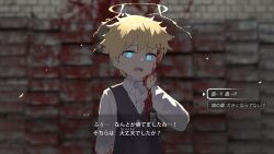 Rule 34 | 1boy, blonde hair, blood, blood on clothes, blood on face, blood on wall, blue eyes, blurry, blurry background, commentary request, dialogue options, fake screenshot, grey sweater vest, halo, highres, long sleeves, looking at viewer, lost property control organization (samidare), male focus, open mouth, original, samidare (hoshi), shirt, short hair, solo, sweatdrop, sweater vest, translation request, upper body, white shirt, yellow halo