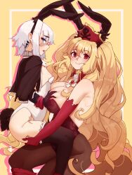 Rule 34 | 2girls, absurdres, animal ears, anne bonny (fate), areola slip, bare shoulders, black jacket, black thighhighs, blonde hair, blue eyes, blush, breasts, brooch, brown pantyhose, cleavage, collar, detached collar, elbow gloves, fake animal ears, fate/grand order, fate (series), gloves, grabbing, grabbing another&#039;s breast, grey hair, hairband, hat, highres, jacket, jewelry, large breasts, leotard, long hair, long sleeves, looking at viewer, mary read (fate), multiple girls, open mouth, pantyhose, pirate hat, playboy bunny, rabbit ears, rabbit tail, red eyes, red gloves, red leotard, scar, short hair, smile, tail, thighhighs, todding, very long hair, wavy hair, white leotard, yuri