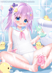 Rule 34 | 1girl, bathroom, blue eyes, blush, bow, bubble, cameltoe, character request, duck hair ornament, full body, hair bow, hair ornament, hairclip, new school swimsuit, one-piece swimsuit, purple bow, purple hair, rubber duck, sailor collar, school swimsuit, star (symbol), star hair ornament, swimsuit, white one-piece swimsuit, white school swimsuit, yuyumatsu