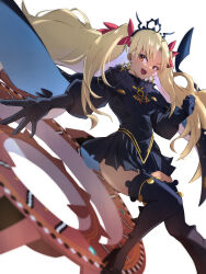 Rule 34 | 1girl, black dress, black gloves, black tiara, blonde hair, breasts, cape, dress, earrings, ereshkigal (alter) (fate), ereshkigal (fate), ereshkigal alter (fate), fate/grand order, fate (series), fur-trimmed cape, fur trim, gloves, hamao 1, highres, hoop earrings, infinity symbol, jewelry, long hair, long sleeves, looking at viewer, medium breasts, meslamtaea (weapon), open mouth, parted bangs, red eyes, simple background, skull, smile, spine, thighhighs, tiara, twintails