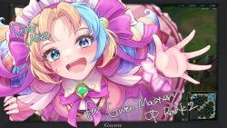 Rule 34 | 1girl, :d, blonde hair, blush, bow, breasts, cafe cuties gwen, character name, cone hair bun, drill hair, english text, gem, green eyes, gwen (league of legends), hair bow, hair bun, highres, large breasts, league of legends, looking at viewer, maid headdress, minimap, momikodayo, multicolored hair, neck ribbon, official alternate costume, open mouth, parted bangs, pink hair, pink ribbon, ribbon, smile, solo, teeth, tongue, twin drills, two-tone hair, wrist cuffs