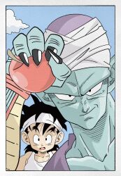 Rule 34 | alien, apple, black hair, blue sky, child, colored skin, dragon ball, dragonball z, fight club, food, fruit, green skin, highres, namekian, open mouth, piccolo, sky, smile, son gohan, spiked hair, wesatinthecar