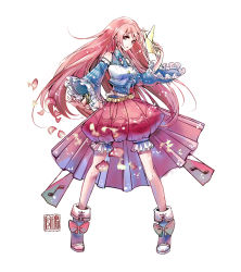 Rule 34 | 1girl, adapted costume, alternate costume, bangle, belt, bow, bracelet, bubble skirt, contemporary, detached sleeves, guiguzi, hata no kokoro, heart, highres, jewelry, long hair, long sleeves, looking at viewer, mask, musical note, new mask of hope, petals, pink eyes, pink hair, plaid, plaid vest, skirt, sleeveless, solo, touhou, vest, white background, wide sleeves