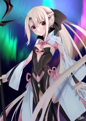 Rule 34 | 1girl, braid, breasts, center opening, clothing cutout, cosplay, crown, fate/grand order, fate/kaleid liner prisma illya, fate (series), french braid, highres, holding, holding wand, illyasviel von einzbern, magical girl, morgan le fay (fate), morgan le fay (fate) (cosplay), pei iriya, ponytail, red eyes, small breasts, smile, solo, stomach cutout, two-tone dress, wand