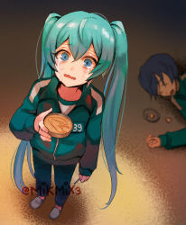 Rule 34 | 1boy, 1girl, aqua hair, blue eyes, blurry, blurry background, can, candy, commentary, crumbs, crying, dalgona, death, food, food in mouth, foreshortening, from above, green jacket, hatsune miku, holding, holding can, jacket, kaito (vocaloid), long hair, mikmix, on ground, open mouth, parody, slippers, solo focus, squid game, standing, toothpick, track jacket, twintails, very long hair, vocaloid, wavy mouth, wide-eyed, x x