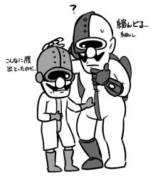Rule 34 | 1boy, 2boys, bald, boots, commentary request, cyborg, dr. crygor, dual persona, facial hair, gloves, greyscale, hand on own chin, height difference, hoshi (star-name2000), jetpack, looking at another, male focus, monochrome, multiple boys, mustache, nintendo, simple background, skin tight, sweatdrop, translation request, warioware, white background