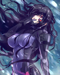 Rule 34 | 1girl, arm guards, beatrix bremer, black hair, bodysuit, breasts, hand on own face, headgear, jinkai yamizawa, large breasts, long hair, looking at viewer, motion blur, muv-luv, muv-luv alternative, parted lips, pilot suit, red eyes, revision, schwarzesmarken, skin tight, snow, snowing, solo, upper body, very long hair, wind