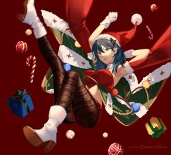 Rule 34 | 1girl, blue hair, box, breasts, brown pantyhose, byleth (female) (fire emblem), byleth (female) (frosty professor) (fire emblem), byleth (fire emblem), candy, candy cane, cape, christmas, commentary, copyright name, fire emblem, fire emblem: three houses, fire emblem heroes, food, fur-trimmed cape, fur-trimmed gloves, fur-trimmed headwear, fur trim, gift, gift box, gloves, green cape, hair between eyes, hat, high heels, large breasts, long hair, looking at viewer, midriff, nintendo, official alternate costume, pantyhose, purple eyes, red background, red hat, santa costume, santa hat, sb (sbixinsky), simple background, solo, white footwear, white gloves
