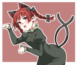 Rule 34 | :d, animal ears, blush, braid, breasts, cat ears, dress, extra ears, fang, highres, juliet sleeves, kaenbyou rin, kz oji, long sleeves, looking at viewer, medium breasts, multiple tails, open mouth, paw pose, pointy ears, puffy sleeves, red eyes, red hair, smile, solo, tail, touhou, twin braids, twintails, two tails