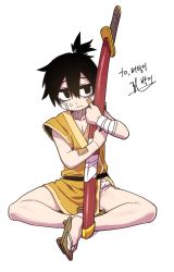 Rule 34 | 1boy, 3:, bags under eyes, bandage on face, bandages, black eyes, black hair, blush, full body, fundoshi, highres, holding, holding sword, holding weapon, japanese clothes, katana, korean text, lee hoon, male focus, male underwear, parkgee, scabbard, sheath, sheathed, simple background, solo, suicide boy, sweatdrop, sword, topknot, underwear, weapon, white background, white male underwear