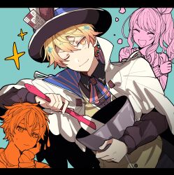 Rule 34 | 1other, 2boys, absurdres, akiyama mizuki, blonde hair, blue background, brown shirt, brown vest, cape, closed mouth, hat, highres, hoshi-toge, kaitou shinshi no harahara!? white day (project sekai), letterboxed, long sleeves, looking at viewer, multiple boys, one eye closed, project sekai, shinonome akito, shirt, smile, tenma tsukasa, top hat, upper body, vest, white cape, white headwear, yellow eyes