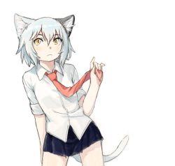 Rule 34 | 1girl, animal ears, bad drawr id, bad id, cat ears, cat tail, character request, flat chest, miniskirt, necktie, short hair, skirt, sleeves rolled up, slit pupils, solo, tail, white hair, yellow eyes, yoplait
