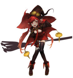 Rule 34 | 1girl, absurdres, bandage on face, bandages, boots, broom, cape, dokshuri, dungeon and fighter, female mage (dungeon and fighter), gloves, hand on own head, hat, highres, long sleeves, mage (dungeon and fighter), open mouth, pointy ears, red eyes, sitting, sketch, solo, teeth, thighhighs, twintails, upper teeth only, white background, white gloves, witch (dungeon and fighter), witch hat