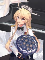 Rule 34 | alternate costume, blonde hair, blue eyes, bouquet, bow, bowtie, dress shirt, flower, headgear, highres, himeyamato, holding, holding bouquet, instrument, iowa (kancolle), kantai collection, piano, piano bench, shirt, star-shaped pupils, star (symbol), symbol-shaped pupils