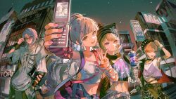 2boys 2girls animal_ears ayaka_(genshin_impact) brother_and_sister cat_ears cat_girl cellphone city closed_mouth contemporary cup detached_sleeves disposable_cup drinking_straw flip_phone genshin_impact hand_up high_ponytail holding holding_cup holding_phone kamisato_ayato long_hair long_sleeves looking_at_viewer lynette_(genshin_impact) lyney_(genshin_impact) midriff mint-tan multiple_boys multiple_girls navel night open_mouth outdoors phone ponytail siblings v y2k_fashion