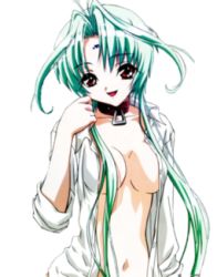 Rule 34 | 1girl, breasts, collar, collarbone, dears, eyebrows, green hair, long hair, lowres, navel, red eyes, ren (dears), solo, transparent background