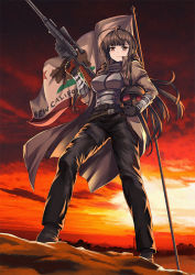 Rule 34 | 1girl, ahoge, alternate costume, anti-materiel rifle, belt, black gloves, blunt bangs, body armor, bolt-action rifle, bolt action, breasts, brown coat, brown hair, brown pants, coat, commentary, commission, cosplay, crossover, desert, dsr-50 (girls&#039; frontline), english commentary, fallout (series), fallout: new vegas, flag, full body, gas mask, girls&#039; frontline, gloves, gun, unworn headwear, helmet, unworn helmet, holding, holding gun, holding helmet, holding weapon, large breasts, long hair, long sleeves, mask, ncr, ncr veteran ranger, ncr veteran ranger (cosplay), outdoors, pants, persocon93, pgm hecate ii, red eyes, rifle, scope, sidelocks, sky, sniper rifle, solo, standing, trench coat, very long hair, weapon