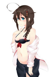 Rule 34 | 10s, 1girl, :t, absurdres, ahoge, bikini, blue eyes, braid, breasts, brown hair, groin, hair over shoulder, highres, kantai collection, navel, sarong, shigure (kancolle), shigure kai ni (kancolle), shisu, shisuo, simple background, single braid, small breasts, solo, summer, swimsuit