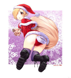 Rule 34 | 10s, 1girl, bags under eyes, black thighhighs, blonde hair, blush, boots, brown eyes, christmas, covering privates, covering crotch, cross-laced footwear, earrings, from behind, hair over one eye, hat, highres, idolmaster, idolmaster cinderella girls, jewelry, knee boots, lace-up boots, looking at viewer, looking back, no panties, ooike teru, open mouth, sack, santa costume, santa hat, shirasaka koume, short hair, sleeves past wrists, solo, thighhighs