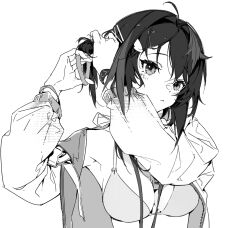 Rule 34 | 1girl, adjusting hair, ahoge, arknights, bare shoulders, bikini, blush, breasts, cleavage, closed mouth, dot nose, greyscale, hair between eyes, hair intakes, hair ornament, hairpin, highres, holding hair tie, jacket, la pluma (arknights), la pluma (summer flowers) (arknights), long sleeves, looking at viewer, monochrome, off shoulder, open clothes, open jacket, short hair, sidelocks, simple background, solo, swimsuit, upper body, whistle, whistle around neck, white background, x hair ornament, yuyumu
