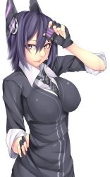 Rule 34 | 10s, 1girl, bonkiru, breasts, covered erect nipples, eyepatch, eyepatch lift, female focus, fingerless gloves, gloves, hand on own hip, headgear, highres, kantai collection, large breasts, looking at viewer, purple hair, school uniform, short hair, simple background, smile, solo, tenryuu (kancolle), white background, yellow eyes