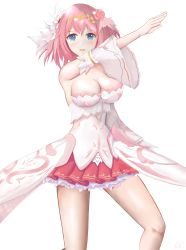 Rule 34 | 1girl, absurdres, blue eyes, breasts, bridal gauntlets, elbow gloves, flower, flower on head, gloves, hair between eyes, hair flower, hair ornament, hairband, highres, large breasts, pink hair, plant on head, pleated skirt, princess connect!, red skirt, sex leees13, shirt, short hair, skirt, white shirt, yui (princess) (princess connect!), yui (princess connect!)