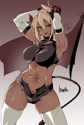 Rule 34 | 1girl, :p, armpits, arms behind head, arms up, blonde hair, blue lips, bowalia, breasts, cowboy shot, curvy, cutoffs, dark-skinned female, dark skin, demon girl, demon horns, demon tail, demon wings, detached sleeves, female focus, foglia (taimanin asagi), folded ponytail, gloves, horns, impossible clothes, large breasts, lipstick, looking at viewer, makeup, midriff, muscular, muscular female, naughty face, navel, open fly, red eyes, red gloves, shiny skin, short shorts, shorts, signature, smile, solo, standing, stomach, tail, taimanin (series), taimanin asagi, taimanin asagi kessen arena, thighhighs, tongue, tongue out, white sleeves, white thighhighs, wings