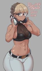 Rule 34 | 1girl, abs, agawa ryou, artist name, bare shoulders, belt, black-framed eyewear, black belt, black shirt, blonde hair, breasts, brown hair, buckle, cleavage, closed mouth, commentary, cowboy shot, crop top, dated, dyed bangs, english commentary, glasses, grey background, groin, hands up, headphones, holding, holding headphones, light frown, looking at viewer, medium breasts, multicolored hair, numbered, original, pants, semi-rimless eyewear, shirt, short hair, simple background, sleeveless, solo, swept bangs, thick thighs, thighs, two-tone hair, white pants, wide hips