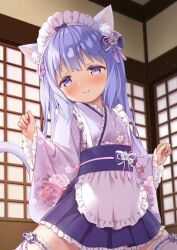 Rule 34 | 1girl, animal ear fluff, animal ears, apron, blue hair, blue skirt, blush, cat ears, cat girl, cat tail, closed mouth, cropped, floral print, frilled kimono, frilled skirt, frills, hair ornament, hairpin, hands up, indoors, japanese clothes, kimono, kneeling, long hair, long sleeves, looking at viewer, maid, maid apron, maid headdress, obi, original, pleated skirt, purple eyes, sash, shirona mikoto, skirt, smile, solo, tail, tail raised, thighhighs, thighs, white thighhighs, wide sleeves, zettai ryouiki