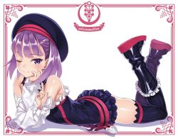 Rule 34 | 1girl, detached sleeves, fate/grand order, fate (series), flat chest, hat, helena blavatsky (fate), looking at viewer, lying, matsuryuu, on stomach, one eye closed, purple eyes, purple hair, short hair, smile, soli, the pose, thighhighs, zettai ryouiki