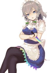 Rule 34 | 1girl, apron, berabou, black pantyhose, blue dress, blue eyes, bow, braid, breasts, buttons, collar, crossed arms, dress, frills, green bow, grey hair, hair between eyes, hair bow, highres, izayoi sakuya, knife, looking at viewer, maid, maid headdress, medium breasts, open mouth, pantyhose, puffy short sleeves, puffy sleeves, rainbow, rainbow gradient, shirt, short hair, short sleeves, simple background, sitting, smile, solo, touhou, twin braids, unconnected marketeers, white apron, white background, white shirt