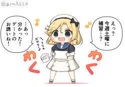 Rule 34 | 1girl, black neckwear, blonde hair, blue eyes, blue sailor collar, chibi, commentary request, dress, full body, gloves, goma (yoku yatta hou jane), hat, janus (kancolle), kantai collection, open mouth, paper, parted bangs, sailor collar, sailor dress, sailor hat, short hair, short sleeves, simple background, smile, solo, standing, translation request, twitter username, wavy mouth, white background, white dress, white gloves, white hat