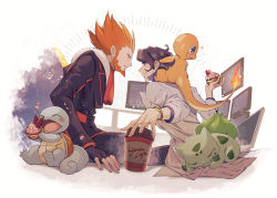 Rule 34 | 2boys, augustine sycamore, black gloves, black jacket, bulbasaur, charmander, commentary request, creatures (company), cup, disposable cup, eye contact, facial hair, fingerless gloves, fingernails, fire, flame-tipped tail, game freak, gen 1 pokemon, gloves, heart, holding, holding cup, jacket, kusuribe, lab coat, long sleeves, looking at another, lysandre (pokemon), male focus, multiple boys, nintendo, orange hair, pokemon, pokemon (creature), pokemon xy, purple shirt, shirt, spiked hair, squirtle, starter pokemon trio, watch, wristwatch