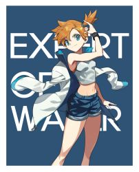 Rule 34 | 1girl, asymmetrical hair, badge, blue eyes, breasts, bumbum hico, cargo shorts, creatures (company), english text, feet out of frame, game freak, gym leader, gym leader badge, jacket, jacket on shoulders, looking at viewer, midriff, misty (pokemon), navel, nintendo, open clothes, open jacket, orange hair, pokemon, pokemon hgss, pokemon lgpe, ponytail, short hair, shorts, side ponytail, small breasts, smile, solo, white jacket, wristband