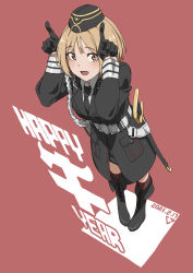 Rule 34 | 1girl, black footwear, black gloves, black hat, black jacket, black necktie, blonde hair, blouse, blush, boots, brown eyes, chinese zodiac, dated, full body, girls&#039; frontline, gloves, happy new year, hat, highres, jacket, looking at viewer, military, military hat, military uniform, mp40 (girls&#039; frontline), necktie, new year, open mouth, pink background, saber (weapon), shirt, short hair, socks, solo, standing, sword, triangle bullet, uniform, weapon, white shirt, year of the ox