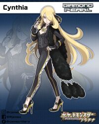 Rule 34 | 1girl, absurdres, alternate costume, artist name, black jacket, black pants, blonde hair, coat, commentary, creatures (company), cynthia (pokemon), english commentary, fur-trimmed coat, fur trim, game freak, grey eyes, hair ornament, hair over one eye, hand on own hip, high heels, highres, jacket, jewelry, legs, long hair, looking at viewer, necklace, nintendo, pants, pokemon, pokemon dppt, rjamez-the-v, solo, striped clothes, striped pants, taut clothes, very long hair