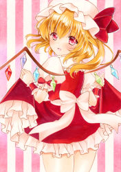 Rule 34 | 1girl, :d, ass, blonde hair, blush, crystal, fang, flandre scarlet, hat, hat ribbon, lifted by self, looking at viewer, looking back, marker (medium), mob cap, o o1219, open mouth, puffy short sleeves, puffy sleeves, red eyes, ribbon, shirt, short sleeves, skirt, skirt set, smile, solo, striped, striped background, touhou, traditional media, wings, wrist cuffs