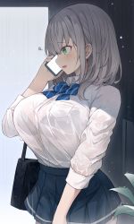 Rule 34 | 1girl, alternate costume, bag, blue bow, blue skirt, bow, bra visible through clothes, breast pocket, breasts, cellphone, collared shirt, hair behind ear, highres, holding, holding phone, hololive, huge breasts, mou tama maru, open mouth, phone, pocket, school bag, school uniform, shirogane noel, shirogane noel (school uniform), shirt, shirt tucked in, skirt, smartphone, solo, talking on phone, virtual youtuber, white shirt