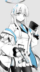 Rule 34 | 1girl, black pantyhose, blackheart, blue archive, blue necktie, book, breasts, collared shirt, formal, grey background, gun, halo, handgun, headphones, highres, holding, holding book, holding gun, holding weapon, id card, jacket, long hair, mechanical halo, medium breasts, monochrome, necktie, noa (blue archive), open clothes, open jacket, pantyhose, pleated skirt, shirt, simple background, skirt, smile, solo, standing, suit, very long hair, weapon, white jacket, white skirt, white suit