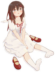 Rule 34 | absurdres, between legs, blush, brown eyes, brown hair, casual, chinese commentary, collarbone, commentary, dress, full body, hair between eyes, hair ornament, hairclip, hand between legs, highres, inuinu-s, kagerou project, loafers, long hair, looking ahead, mekakucity actors, mini wings, neck ribbon, no scarf, parted lips, red footwear, red ribbon, red trim, ribbon, shoes, unworn shoes, simple background, single wing, sitting, socks, solo, tateyama ayano, teeth, upper teeth only, v arms, white background, white dress, white socks, wings
