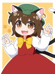 Rule 34 | 1girl, :3, :d, animal ear fluff, animal ear piercing, animal ears, border, bow, bowtie, brown eyes, brown hair, cat ears, cat tail, chen, commentary request, cowboy shot, dress, earrings, fang, flat chest, green hat, hair between eyes, hands up, hat, highres, jewelry, light blush, long sleeves, looking at viewer, mob cap, multiple tails, nekomata, open mouth, orange background, outline, paw print, paw print background, puffy long sleeves, puffy sleeves, red dress, rizleting, short hair, single earring, slit pupils, smile, solo, tail, touhou, two tails, white border, white outline, yellow bow, yellow bowtie