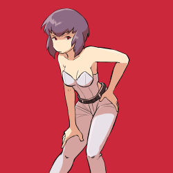 Rule 34 | 103, 1girl, bare shoulders, breasts, cleavage, feet out of frame, ghost in the shell, hand on own hip, kusanagi motoko, leotard, leotard under clothes, no nose, pants, purple hair, red background, red eyes, short hair, simple background, solo, white pants