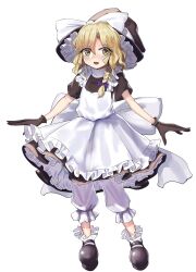 Rule 34 | 1girl, absurdres, apron, back bow, black dress, black gloves, blonde hair, bloomers, boots, bow, braid, dress, frilled boots, frilled hat, frills, full body, gloves, gunnjou yosio, hair bow, hat, hat bow, highres, kirisame marisa, long hair, looking at viewer, open mouth, purple bow, single braid, solo, touhou, underwear, white apron, white background, white bloomers, white bow, witch hat, yellow eyes