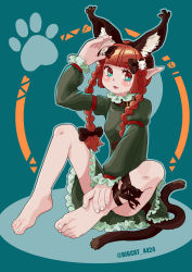 Rule 34 | 1girl, :3, absurdres, animal ear fluff, animal ears, artist name, barefoot, bigcat 114514, black bow, black ribbon, blue background, blunt bangs, blush, bow, braid, breasts, cat ears, cat tail, dress, extra ears, full body, green dress, hair bow, hair ornament, hair ribbon, highres, juliet sleeves, kaenbyou rin, leg ribbon, long hair, long sleeves, looking to the side, multiple tails, nekomata, open mouth, pointy ears, puffy sleeves, red eyes, red hair, ribbon, simple background, sitting, skull hair ornament, small breasts, smile, solo, tail, toes, touhou, tress ribbon, twin braids, twintails, two tails